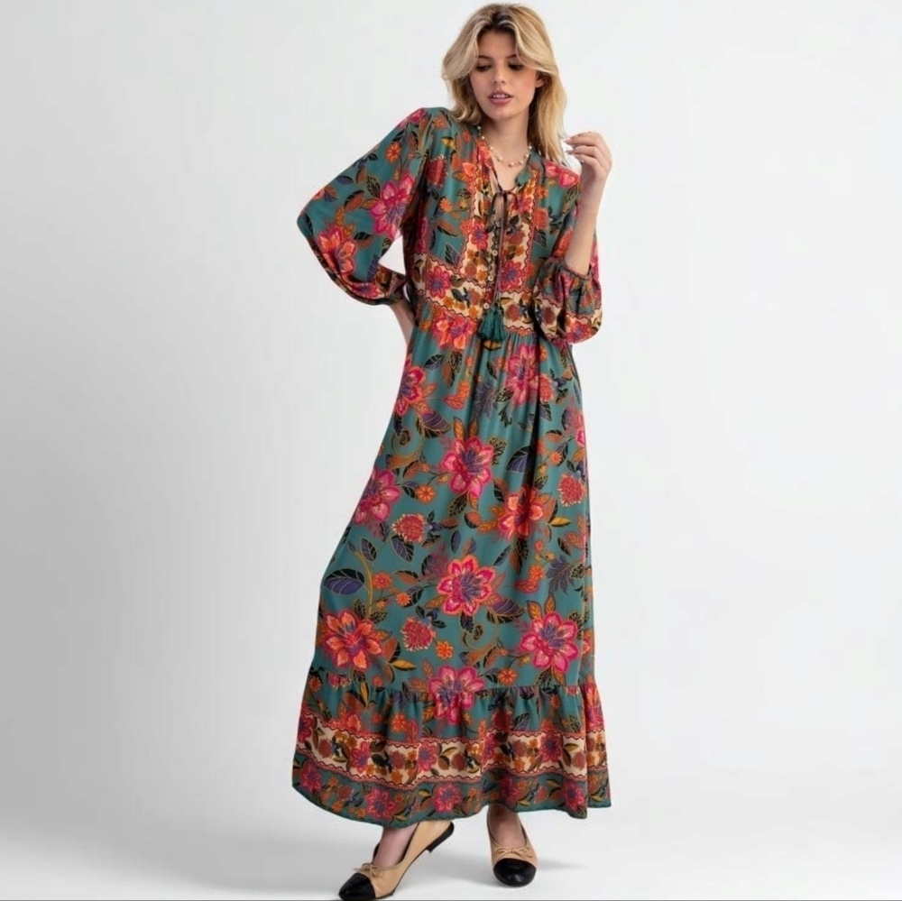 Easel Moss Green Floral Print Long Sleeve Maxi Dress New
